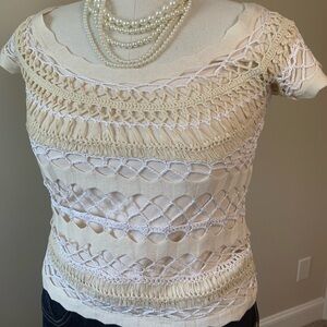 New! Dolce Cabo cream short sleeve scoop neck crochet macrame top L